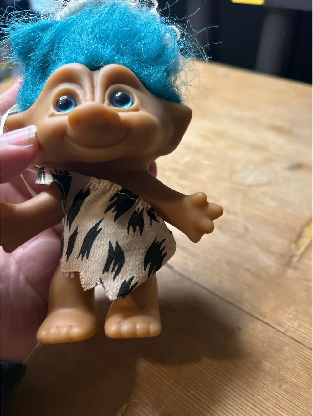 Vintage Troll Doll with Blue Hair and Animal Print Outfit